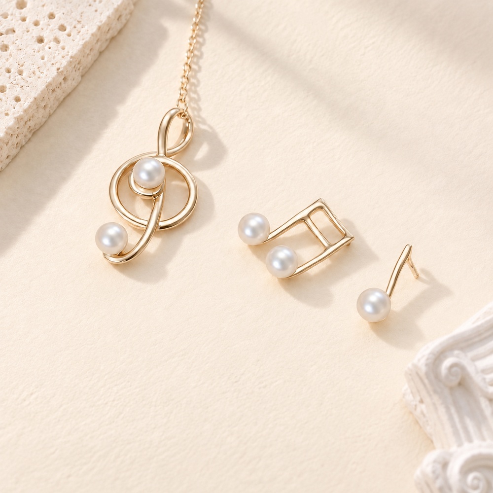 Pearl Music Note Pendant and Earrings