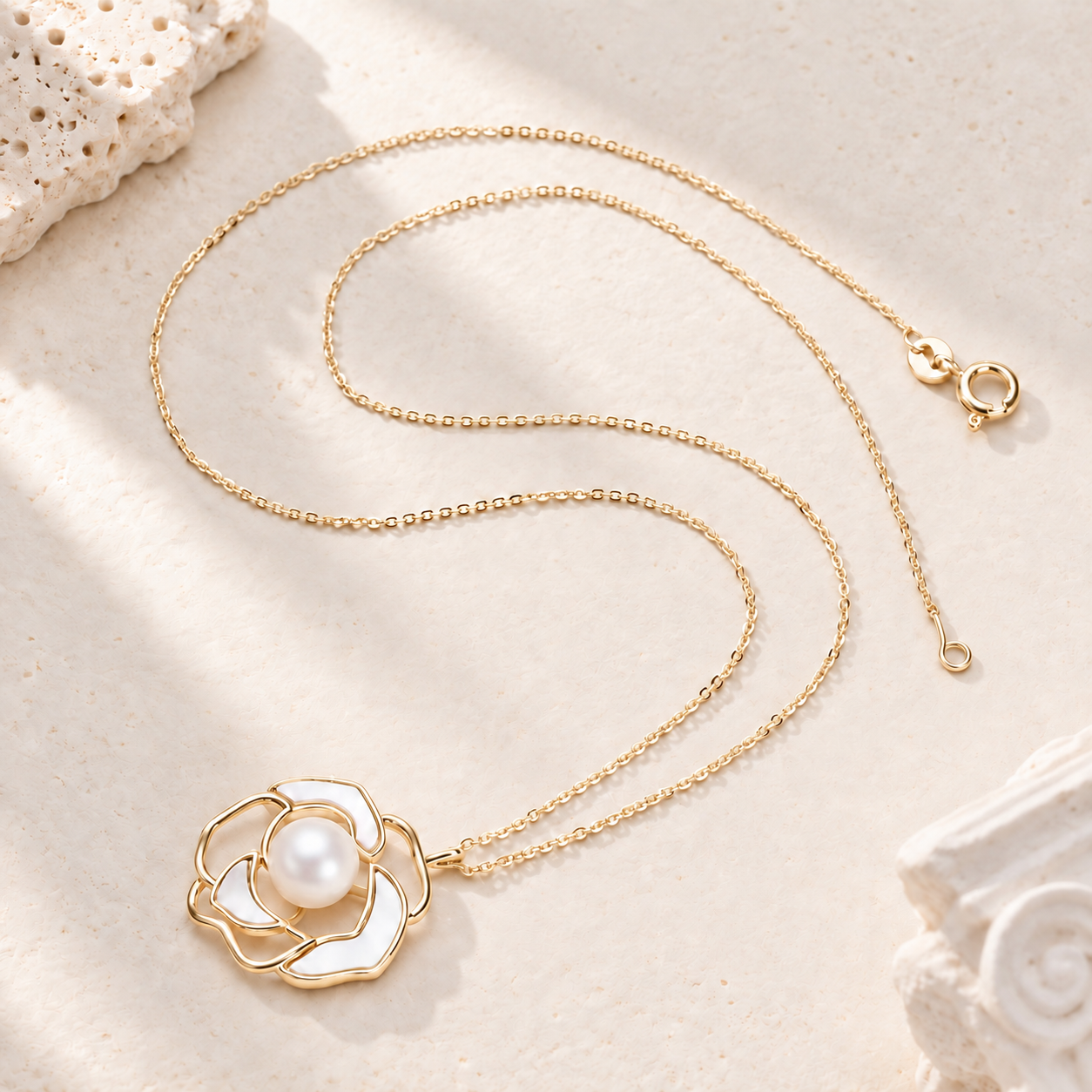 Gold-tone necklace with an open-petal flower pendant and central pearl detail