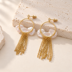 Back view of petal pearl circle earrings showing stud posts and fine chain fringe