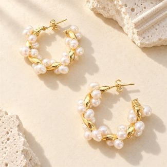 Twisted Freshwater Pearl Floral Hoop Earrings
