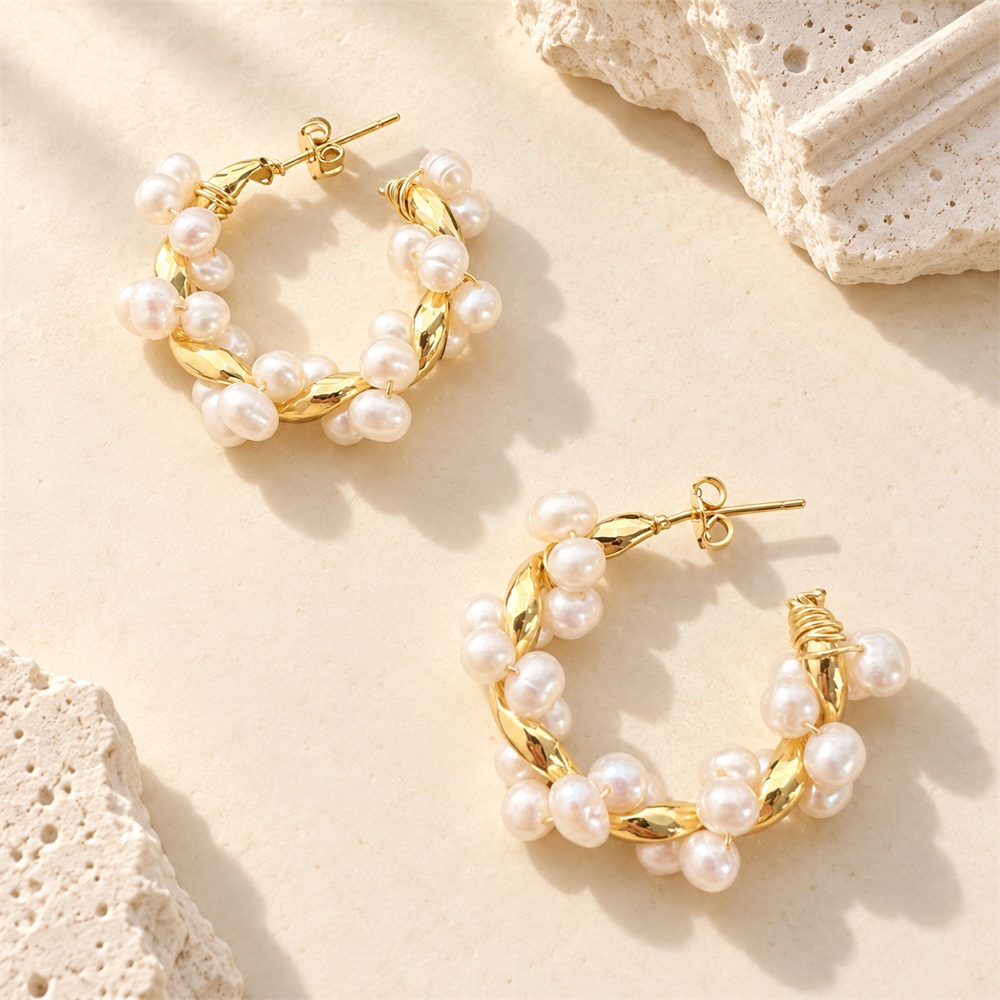 Twisted Freshwater Pearl Floral Hoop Earrings