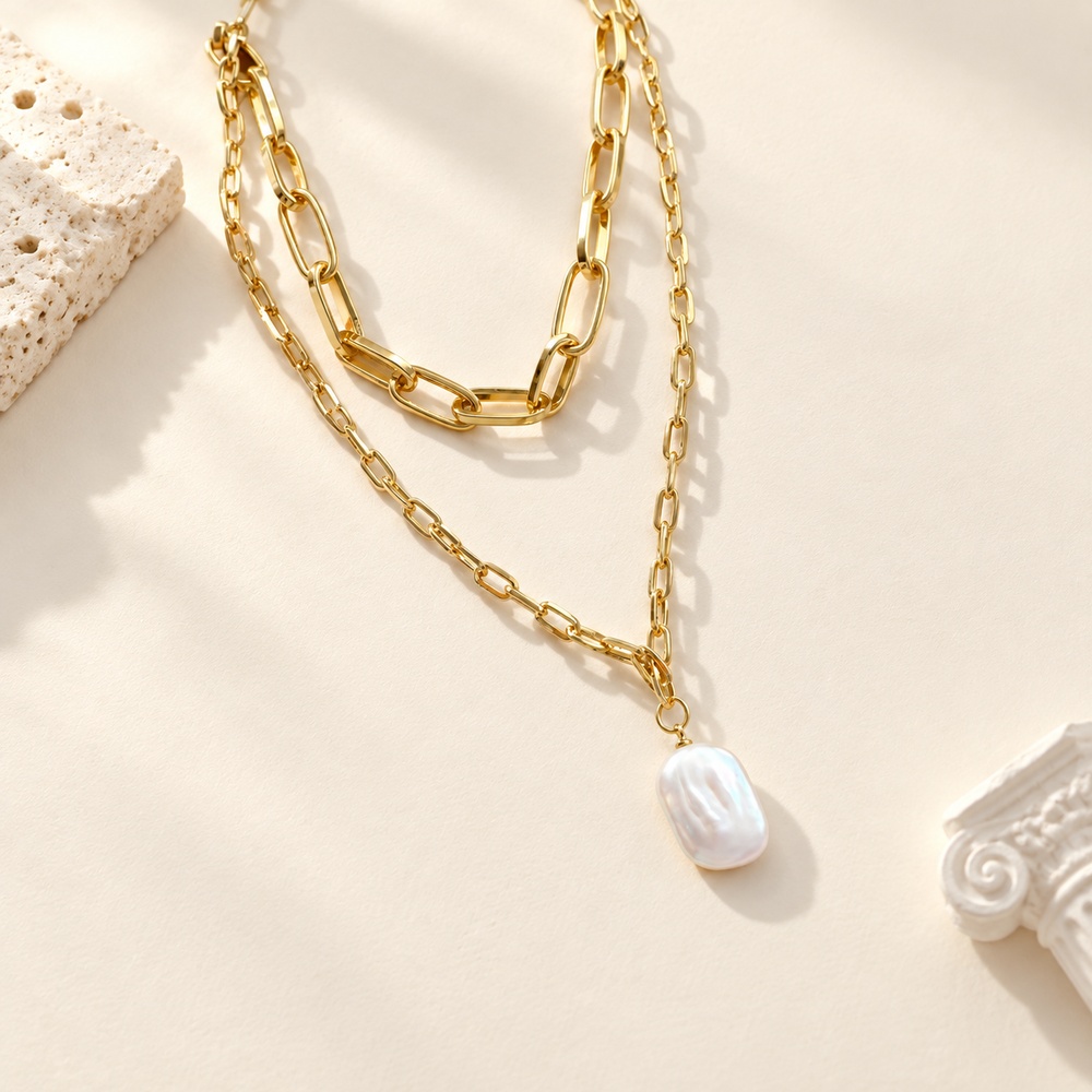 Layered Paperclip Chain Baroque Pearl Necklace