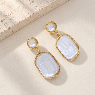 Front view of rectangular freshwater pearl drop earrings with round pearl tops and golden wire frames