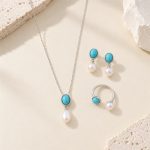 Silver-tone turquoise and freshwater pearl three-piece set with necklace, drop earrings and open ring