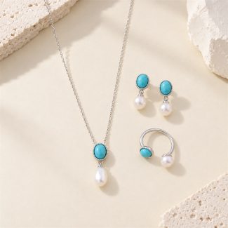 Silver-tone turquoise and freshwater pearl three-piece set with necklace, drop earrings and open ring