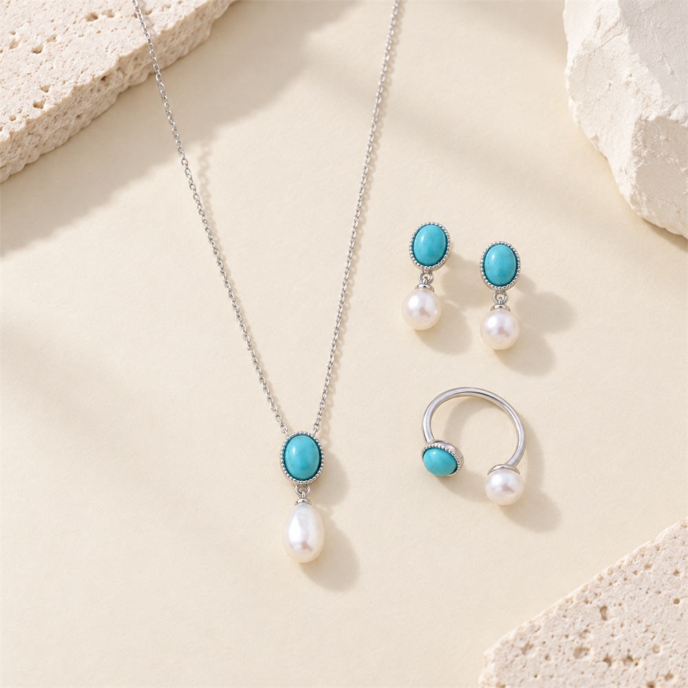 Silver-tone turquoise and freshwater pearl three-piece set with necklace, drop earrings and open ring