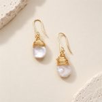 Pair of freshwater pearl hook drop earrings with gold-tone wire-wrapped caps