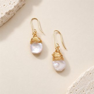 Pair of freshwater pearl hook drop earrings with gold-tone wire-wrapped caps