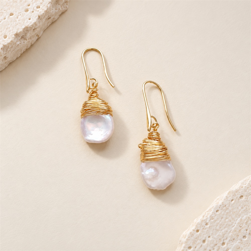 Pair of freshwater pearl hook drop earrings with gold-tone wire-wrapped caps