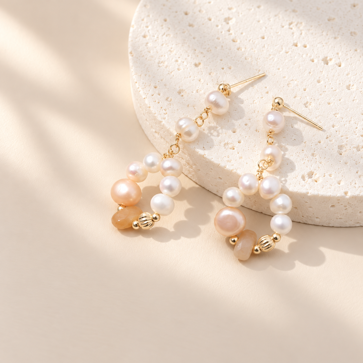 Pink agate and freshwater pearl wreath earrings with gold-tone stud posts laid flat