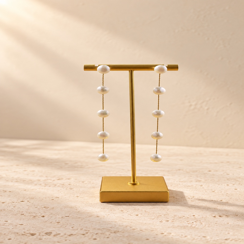 Five-pearl long drop earrings hanging from a gold display stand