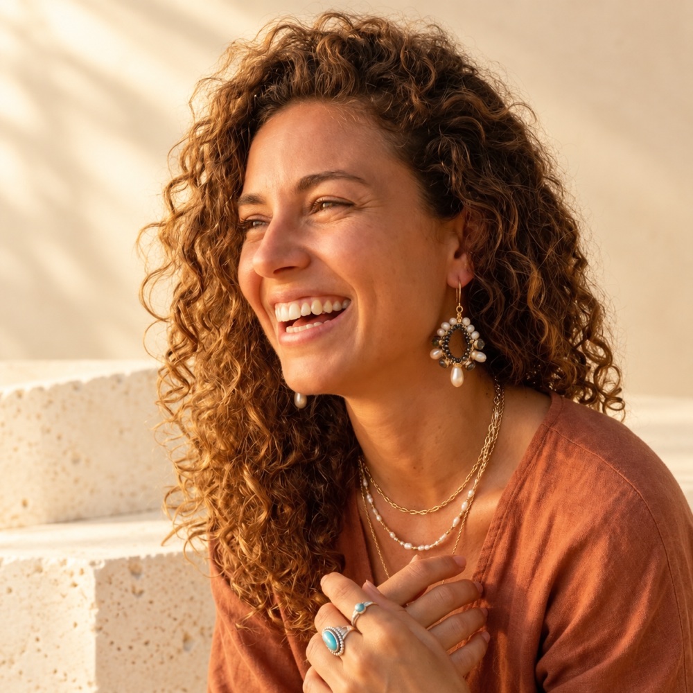 Blue crystal and pearl teardrop earrings worn to show their hanging silhouette