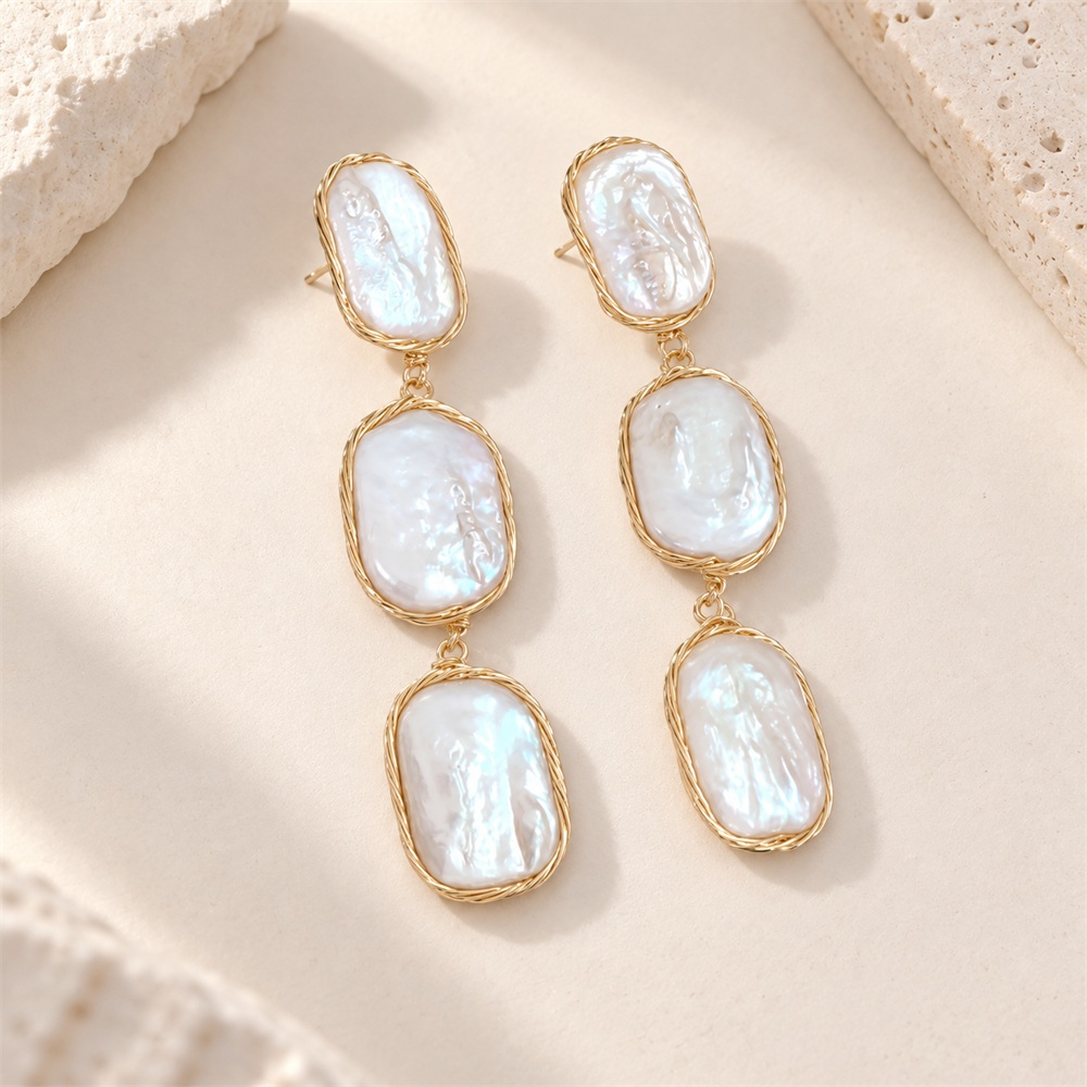 Triple Rectangle Baroque Pearl Dangle Earrings