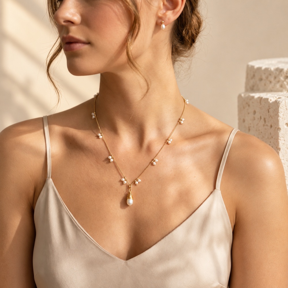 Freshwater pearl fringe Y necklace worn with its pearl pendant at the centre of the neckline