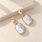 Reverse of rectangular pearl drop earrings, showing stud posts and wire framing