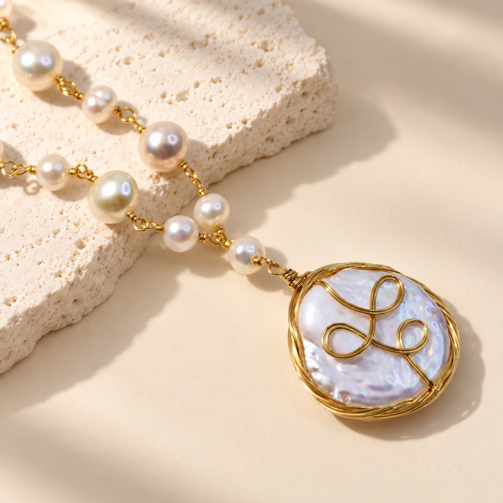 Close view of the wire-wrapped coin pearl pendant and linked pearl necklace