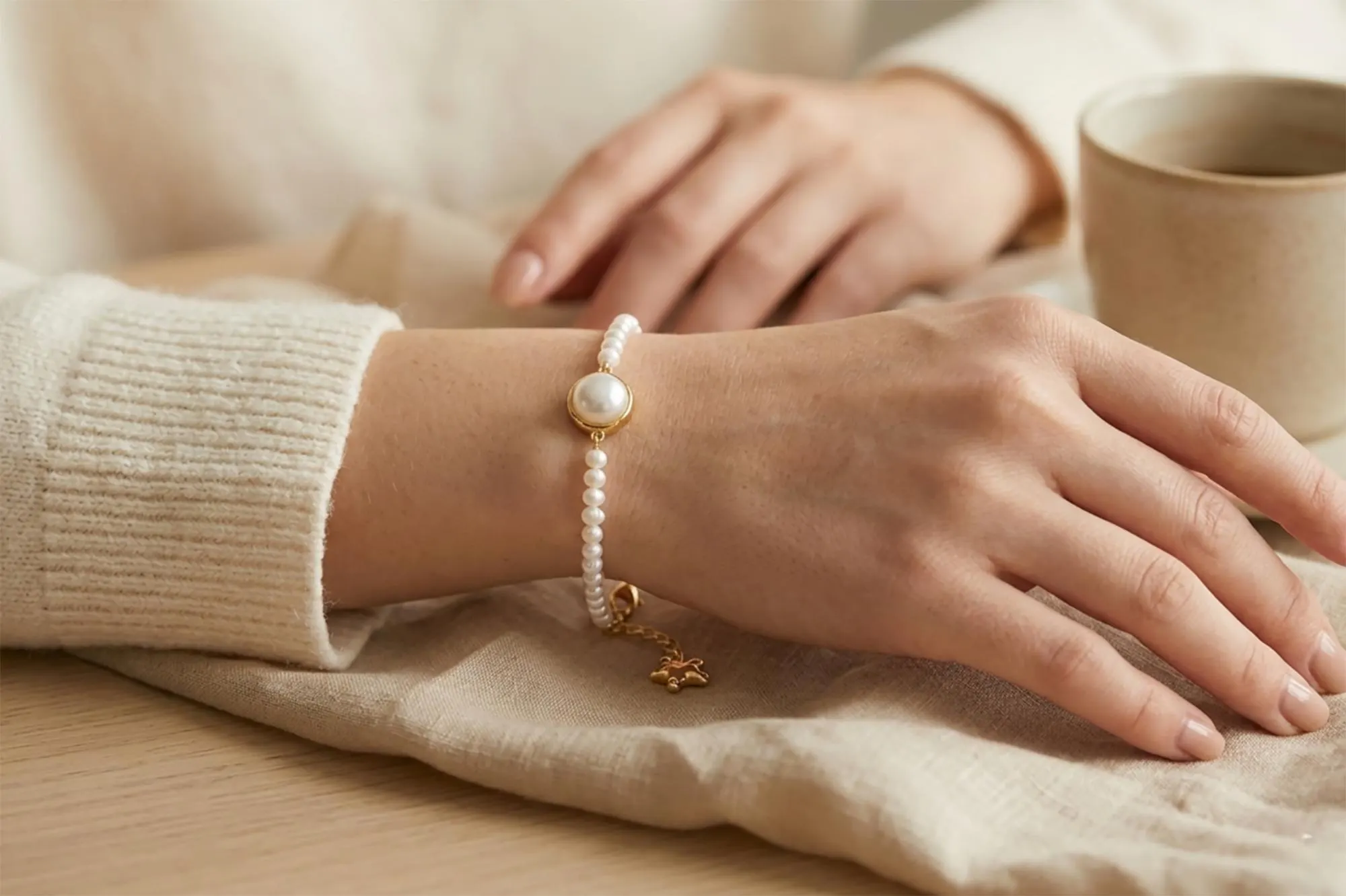 Model wearing a fine pearl bracelet with one larger pearl in a gold-tone bezel