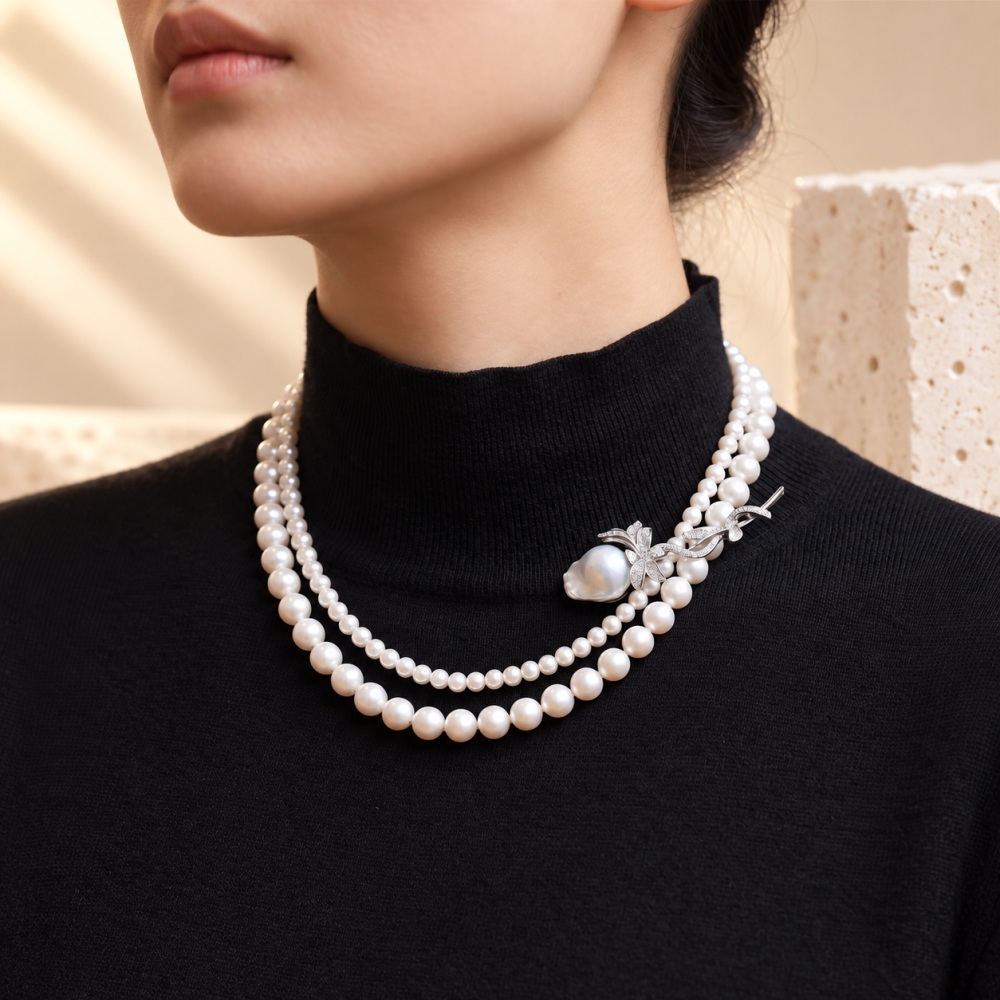 Baroque pearl floral brooch pinned beside a layered pearl necklace on a black top