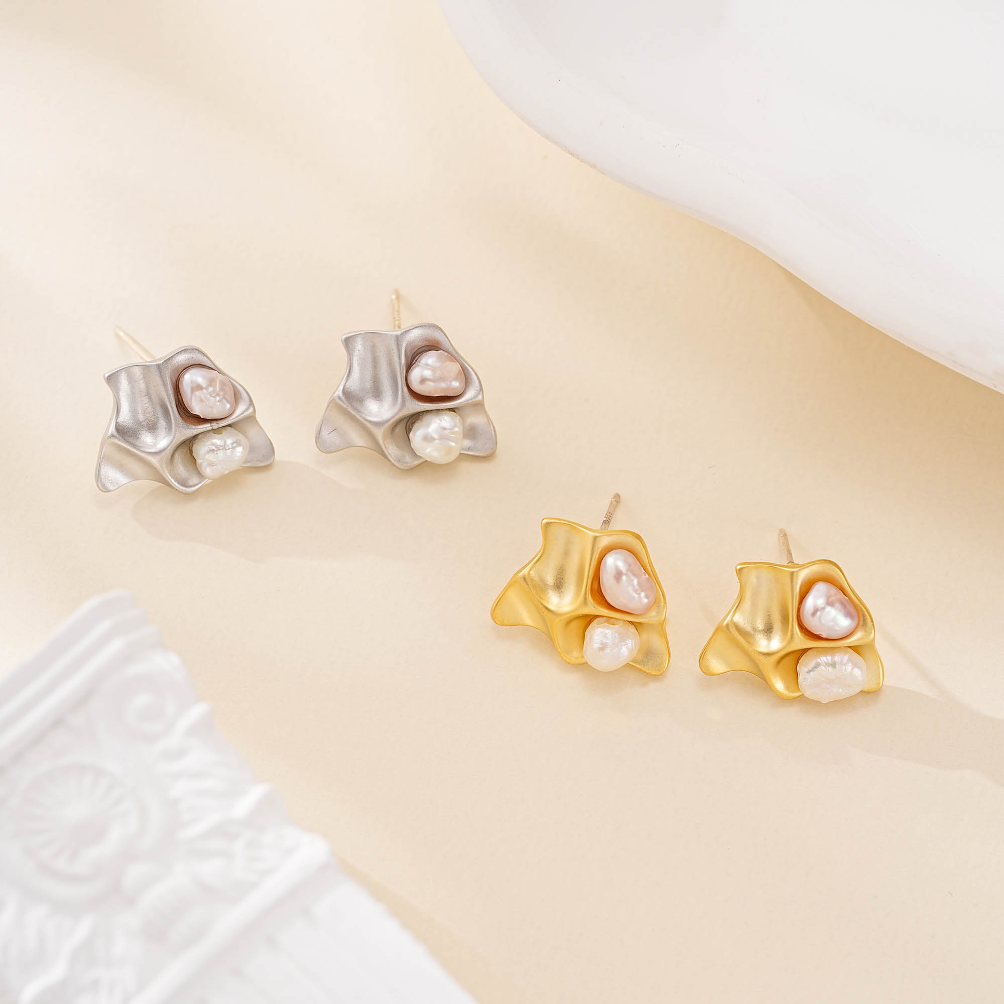 Sculpted Heart and Keshi Pearl Stud Earrings