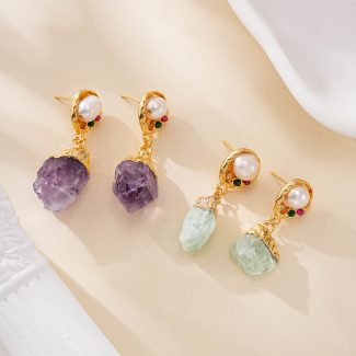Raw Amethyst or Fluorite Pearl Drop Earrings