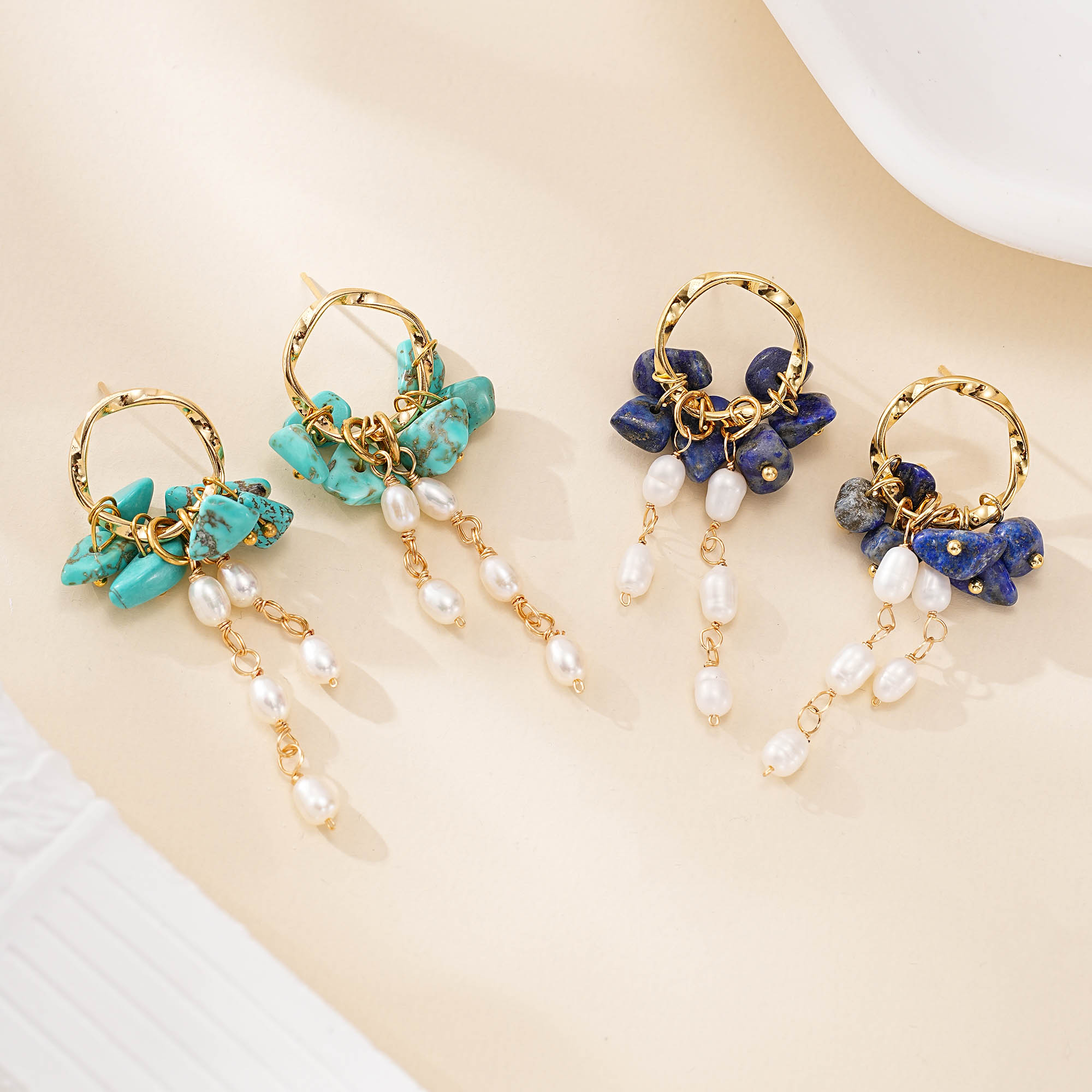 Turquoise or Lapis Pearl Tassel Hoop Earrings