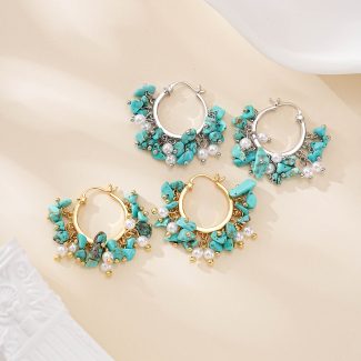 Turquoise Chip and Pearl Cluster Hoop Earrings