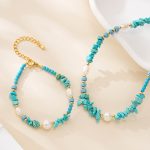 Turquoise chips and freshwater pearl necklace and bracelet set