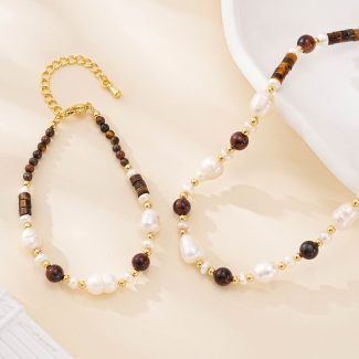 Tiger eye and freshwater pearl necklace and bracelet set
