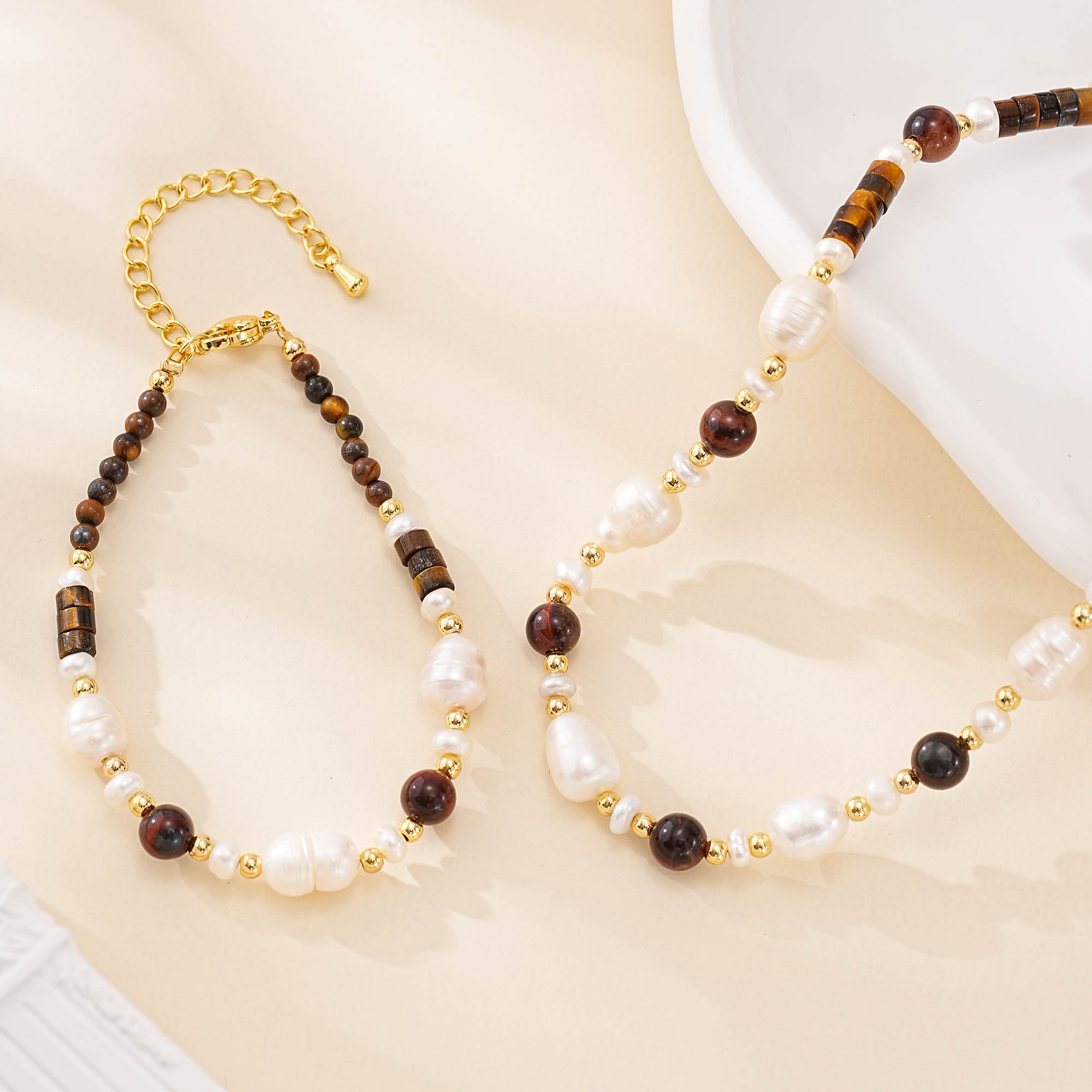 Tiger eye and freshwater pearl necklace and bracelet set