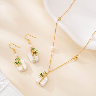 Bamboo Motif Baroque Pearl Necklace Earring Set