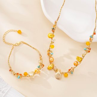 Baroque Pearl and Mixed Gemstone Necklace Bracelet Set