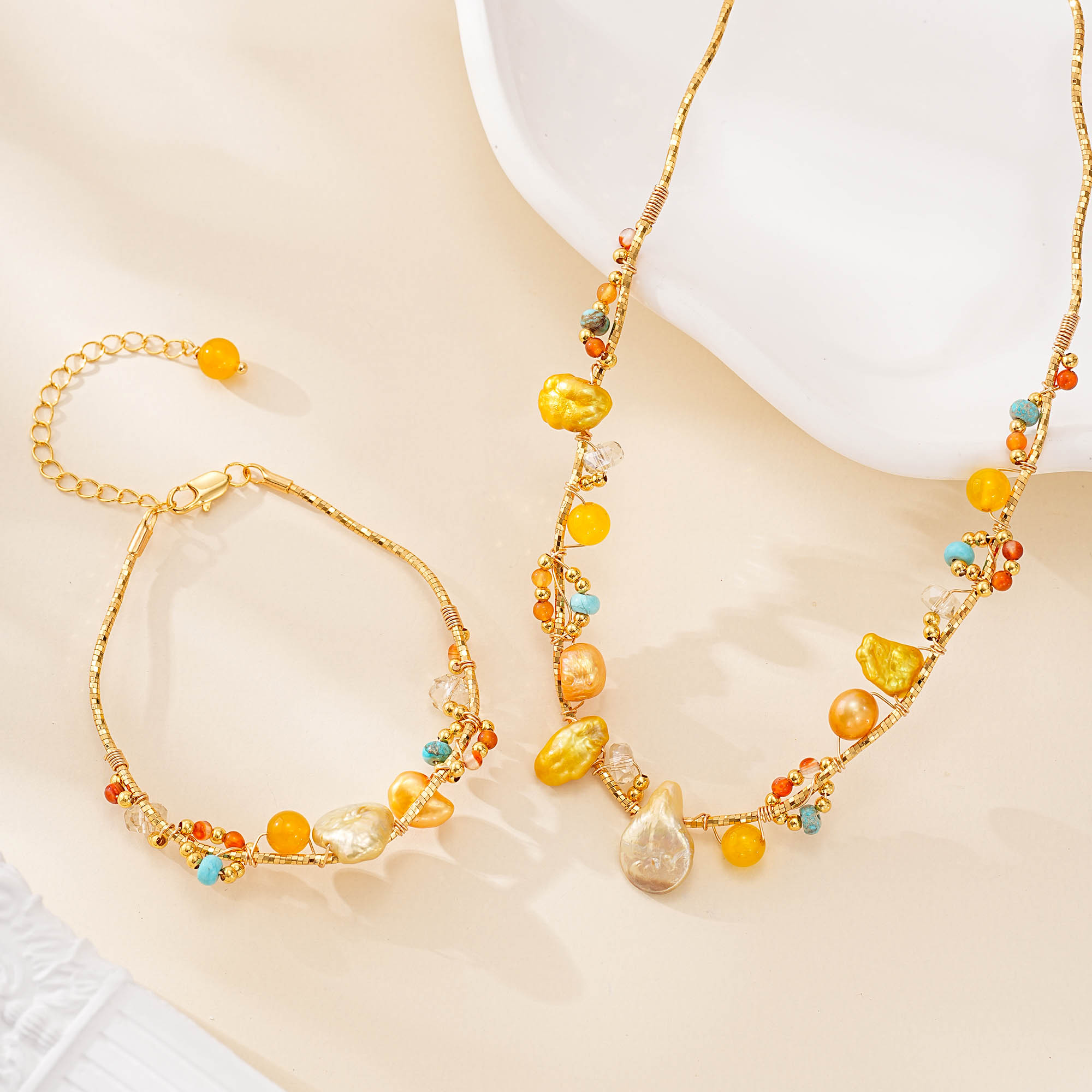 Baroque Pearl and Mixed Gemstone Necklace Bracelet Set