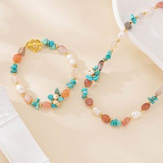 Mixed Gemstone and Pearl Necklace Bracelet Set