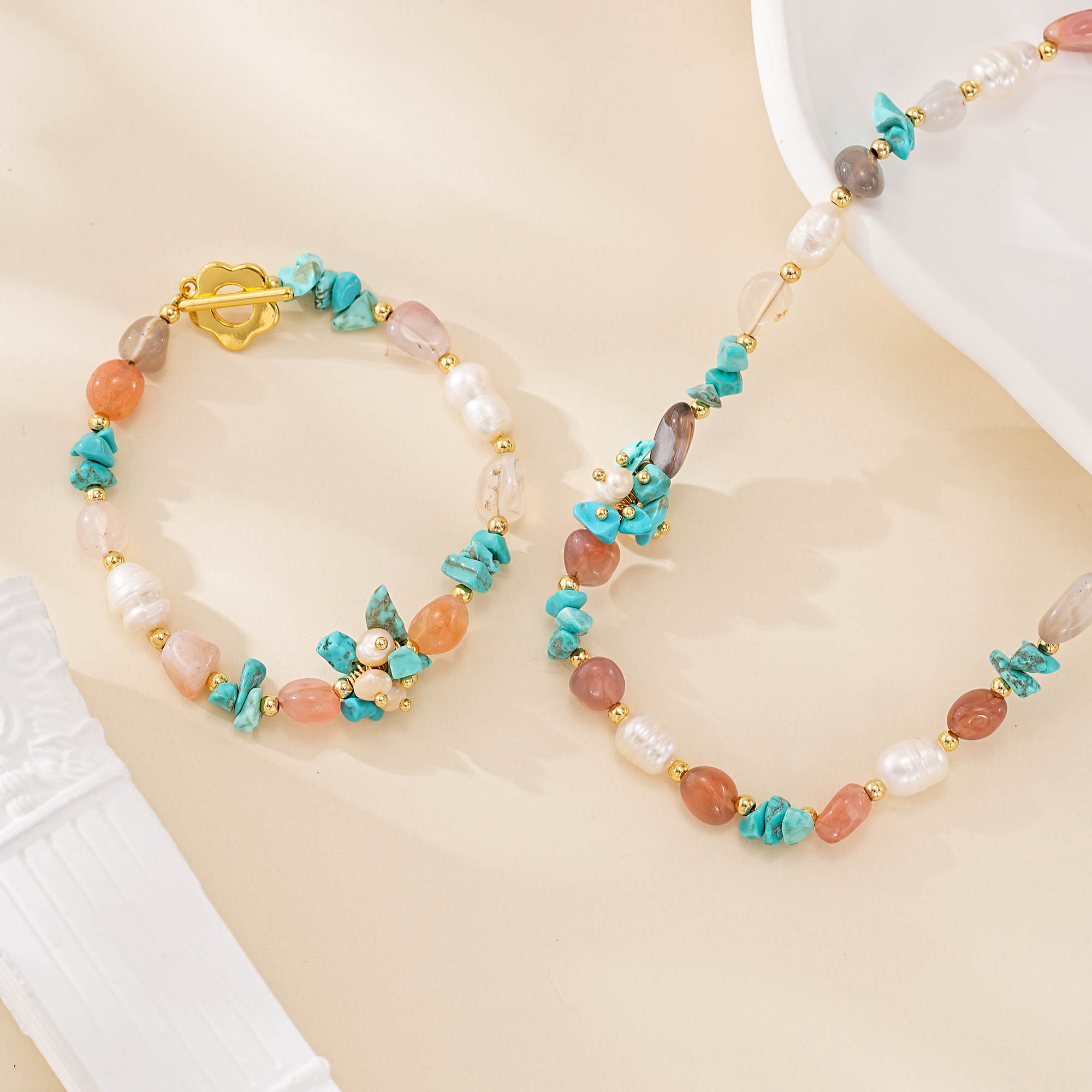 Mixed Gemstone and Pearl Necklace Bracelet Set