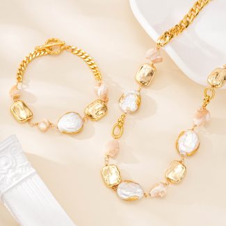 Gilded Baroque Pearl Necklace Bracelet Set