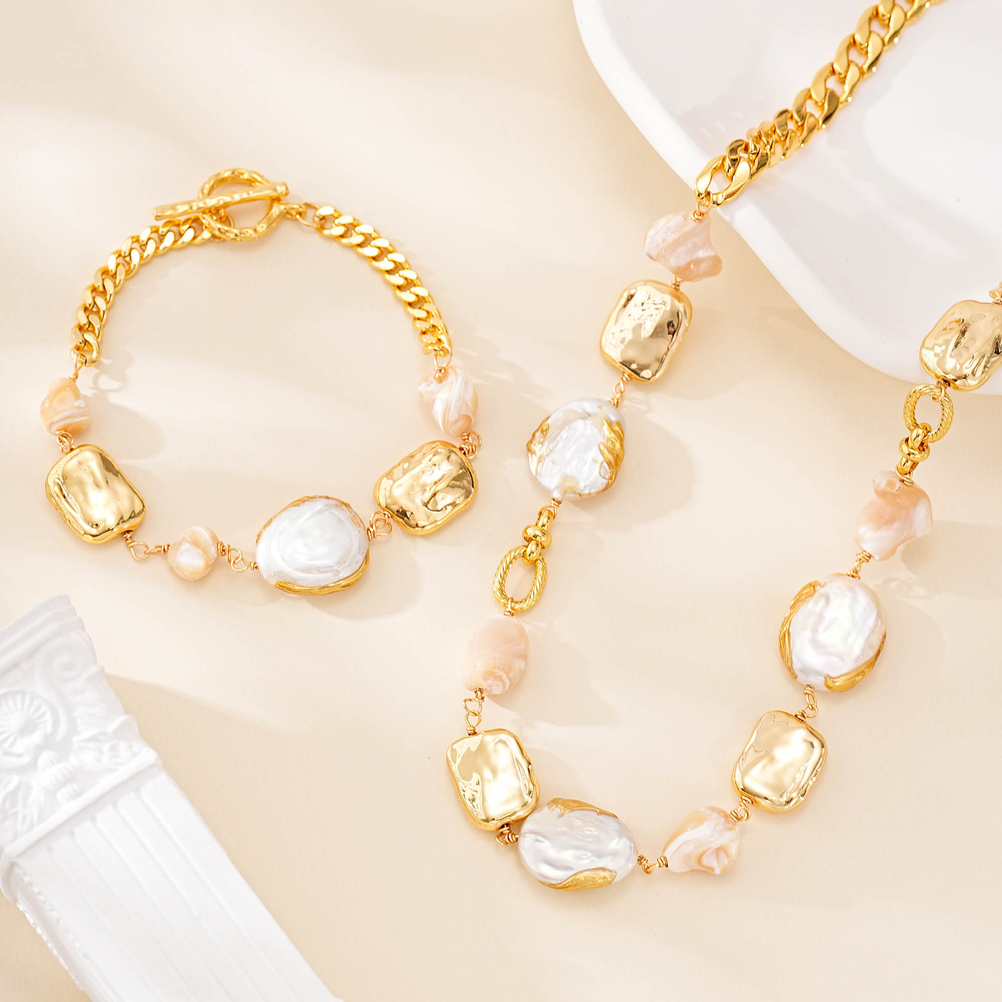 Gilded Baroque Pearl Necklace Bracelet Set