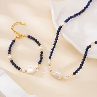 Lapis lazuli and baroque pearl necklace and bracelet set