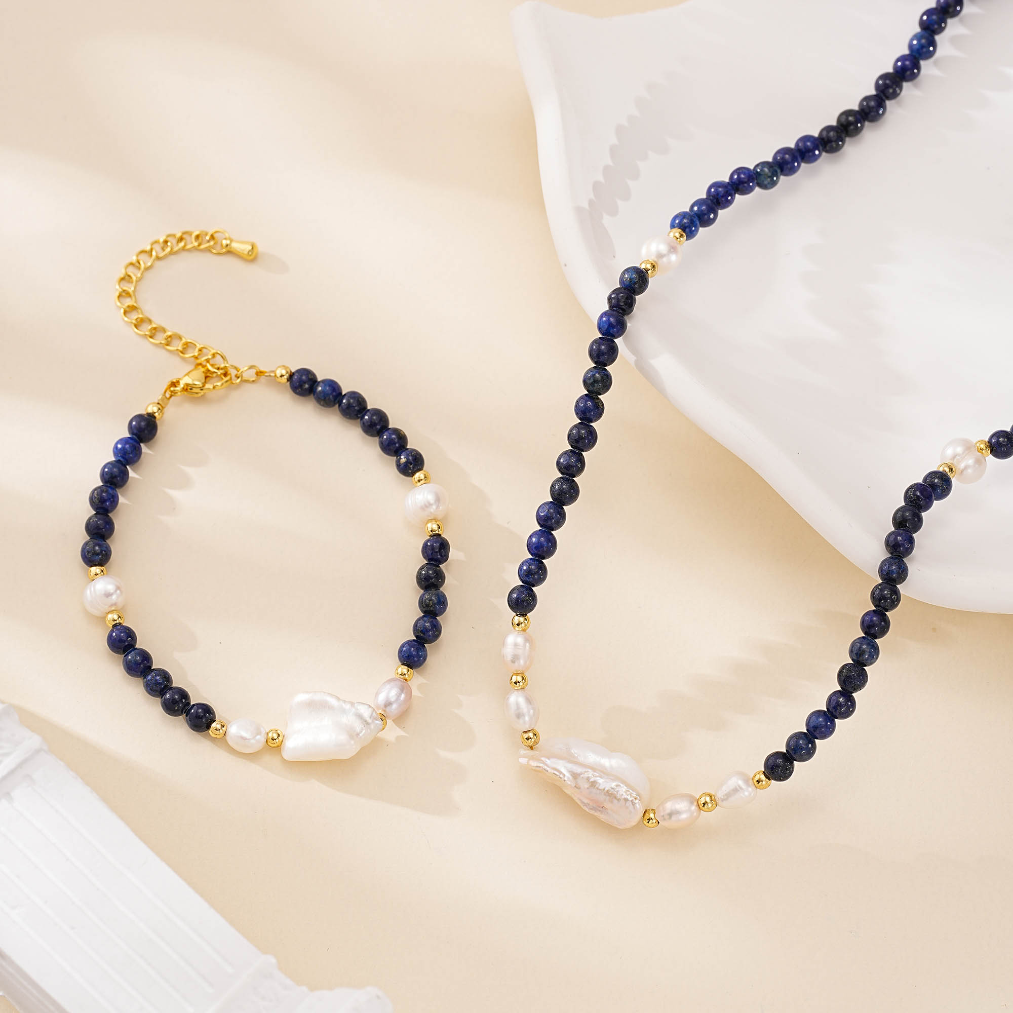 Lapis lazuli and baroque pearl necklace and bracelet set
