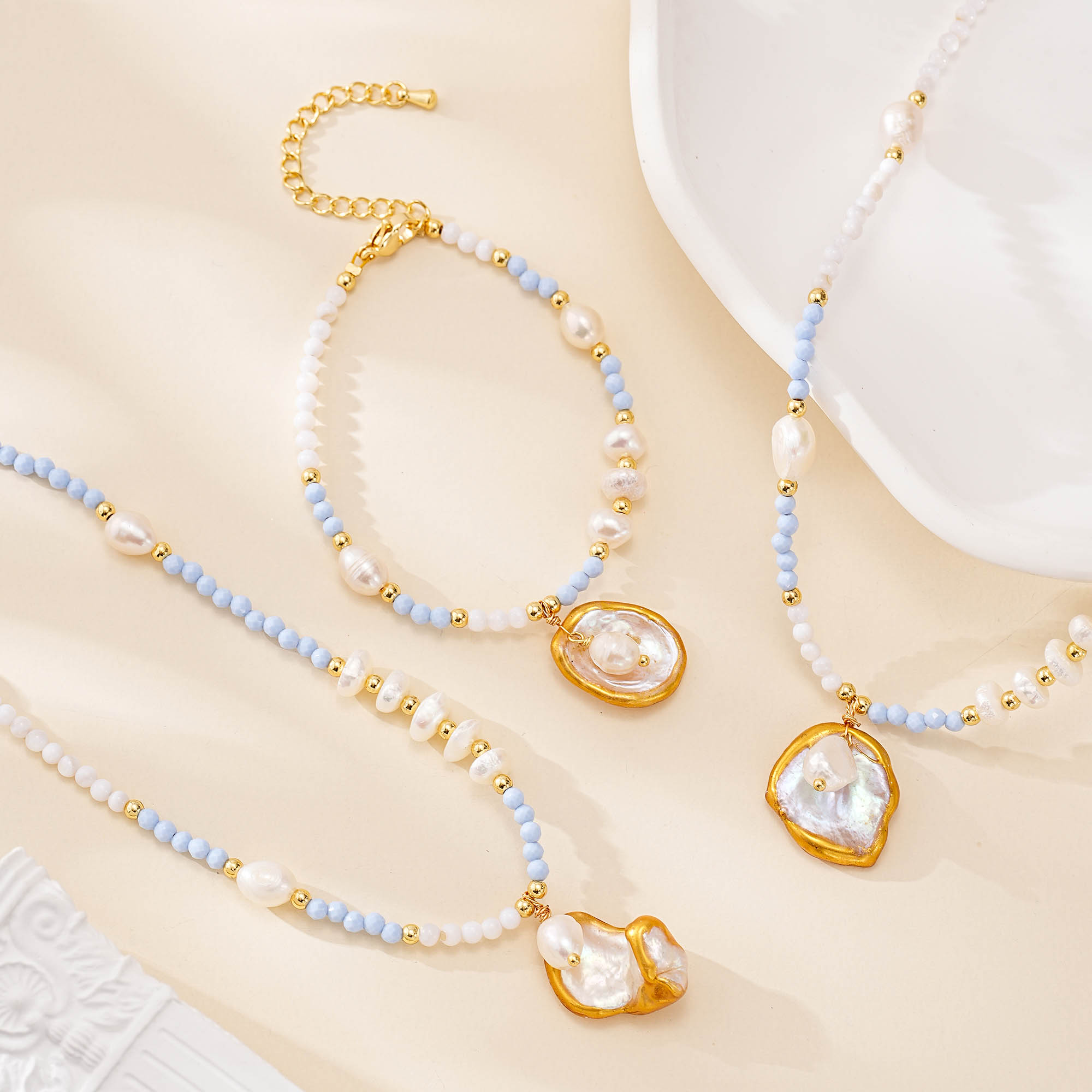 Angelite and Gilded Baroque Pearl Jewelry Set