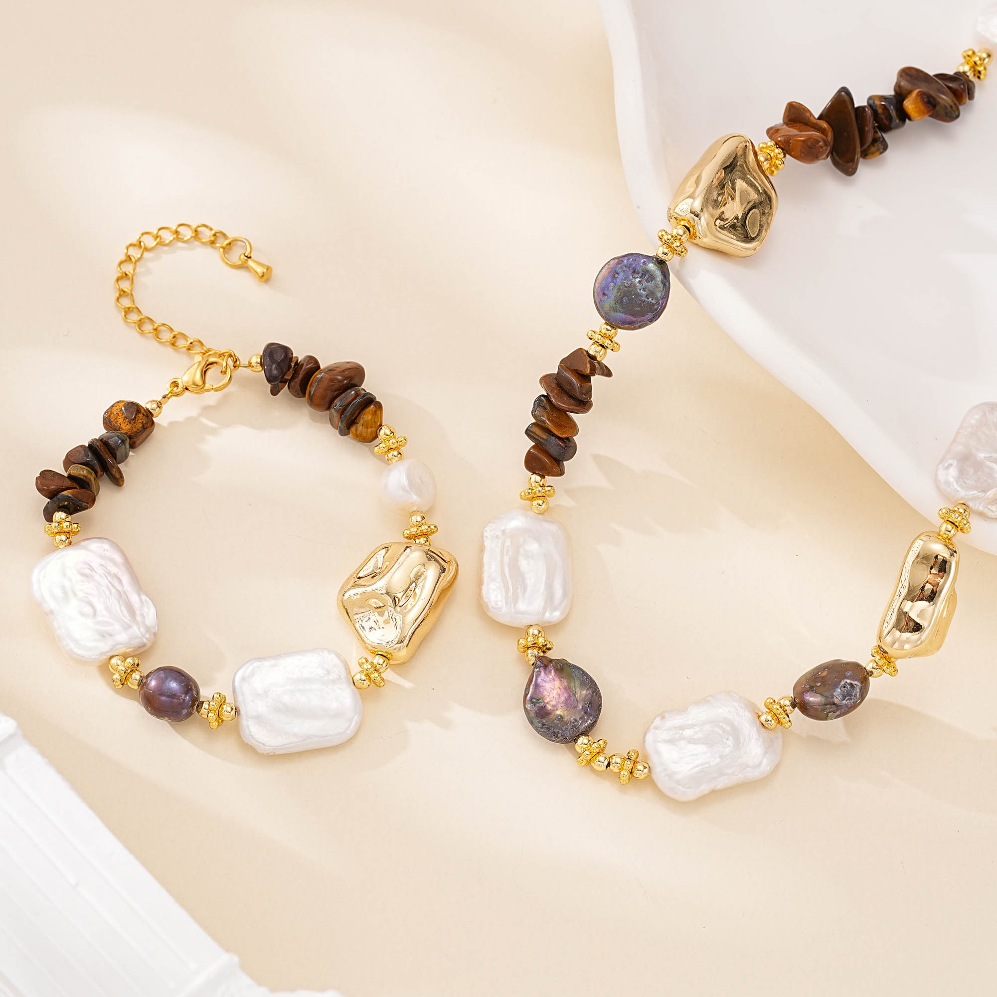 Tiger Eye and Square Baroque Pearl Jewelry Set