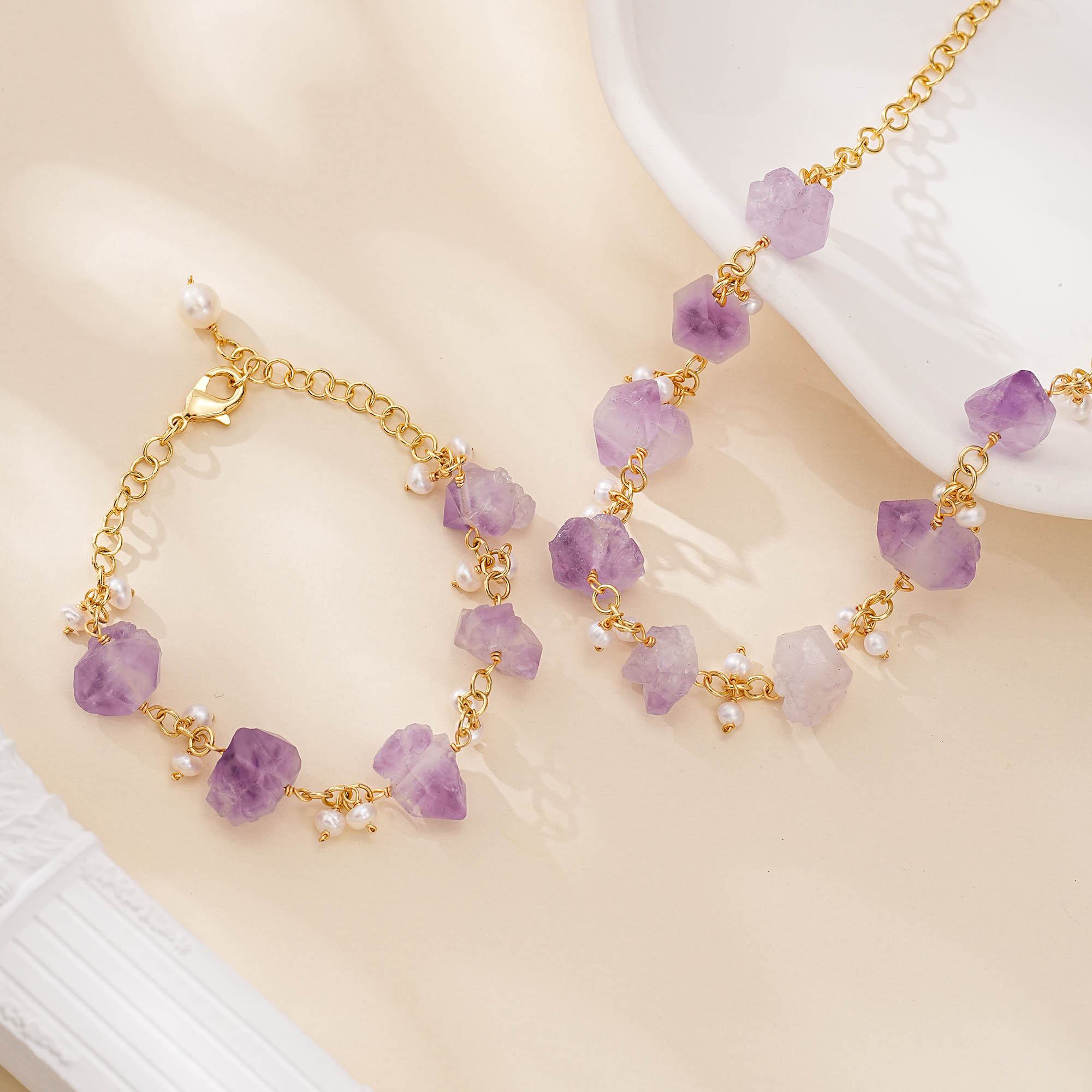 Raw Amethyst and Pearl Necklace Bracelet Set