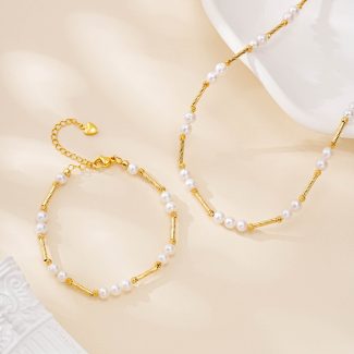 Engraved gold-tone bar and freshwater pearl necklace and bracelet set