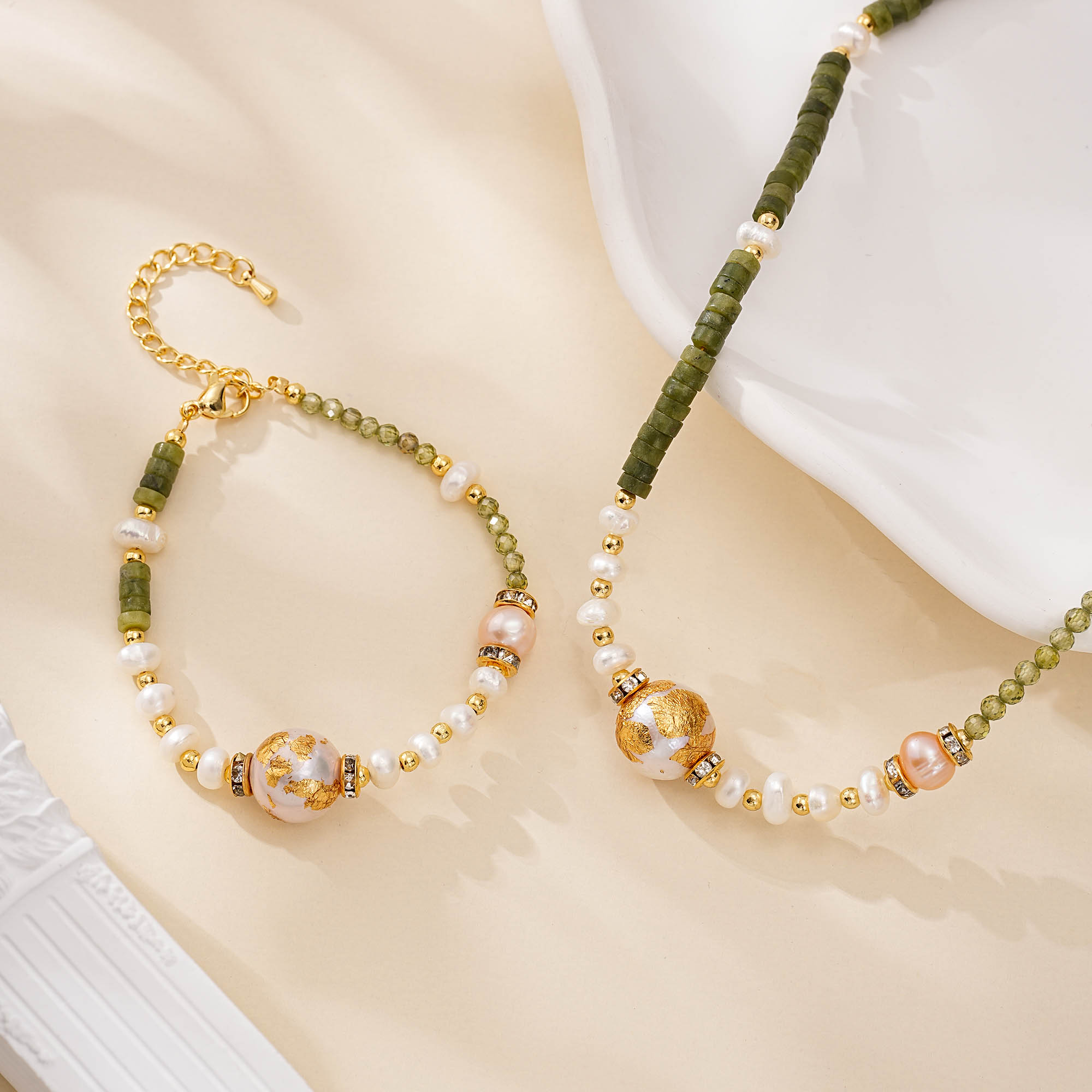Peridot, Aventurine and Gilded Pearl Jewelry Set