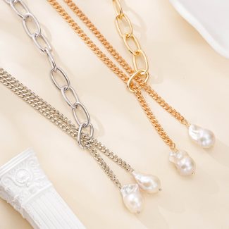 Double-chain freshwater baroque pearl lariat necklace with two pearl drops