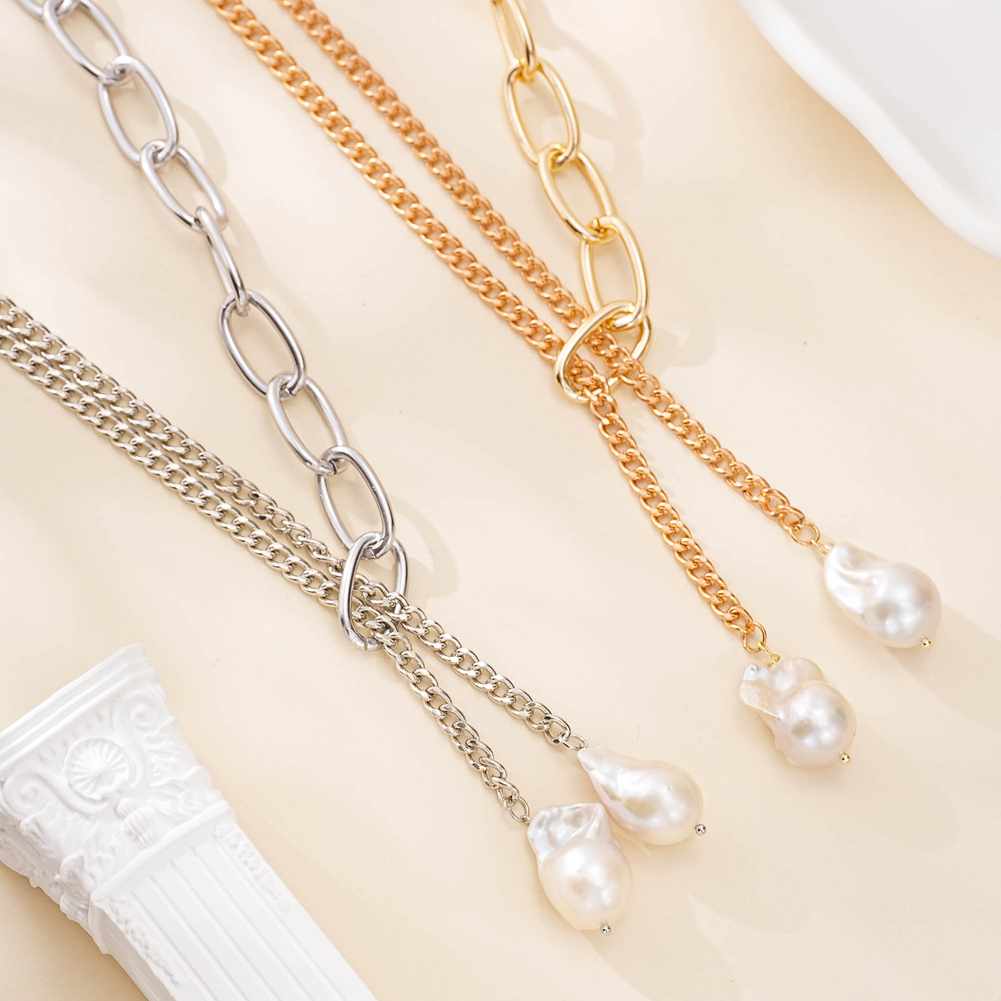 Double-chain freshwater baroque pearl lariat necklace with two pearl drops