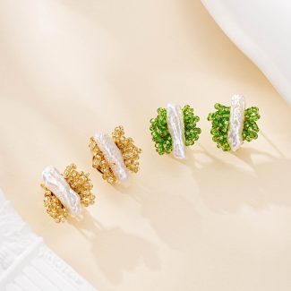 Crystal Framed Pipa Baroque Pearl Stud Earrings