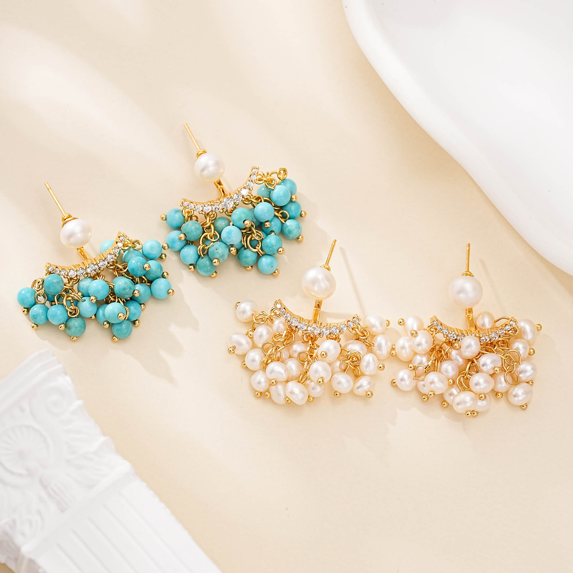 Turquoise and Pearl Fan Cluster Stud Earrings