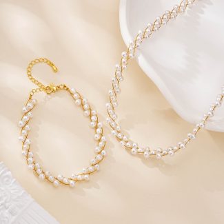 Woven Ripple Pearl Necklace Bracelet Set