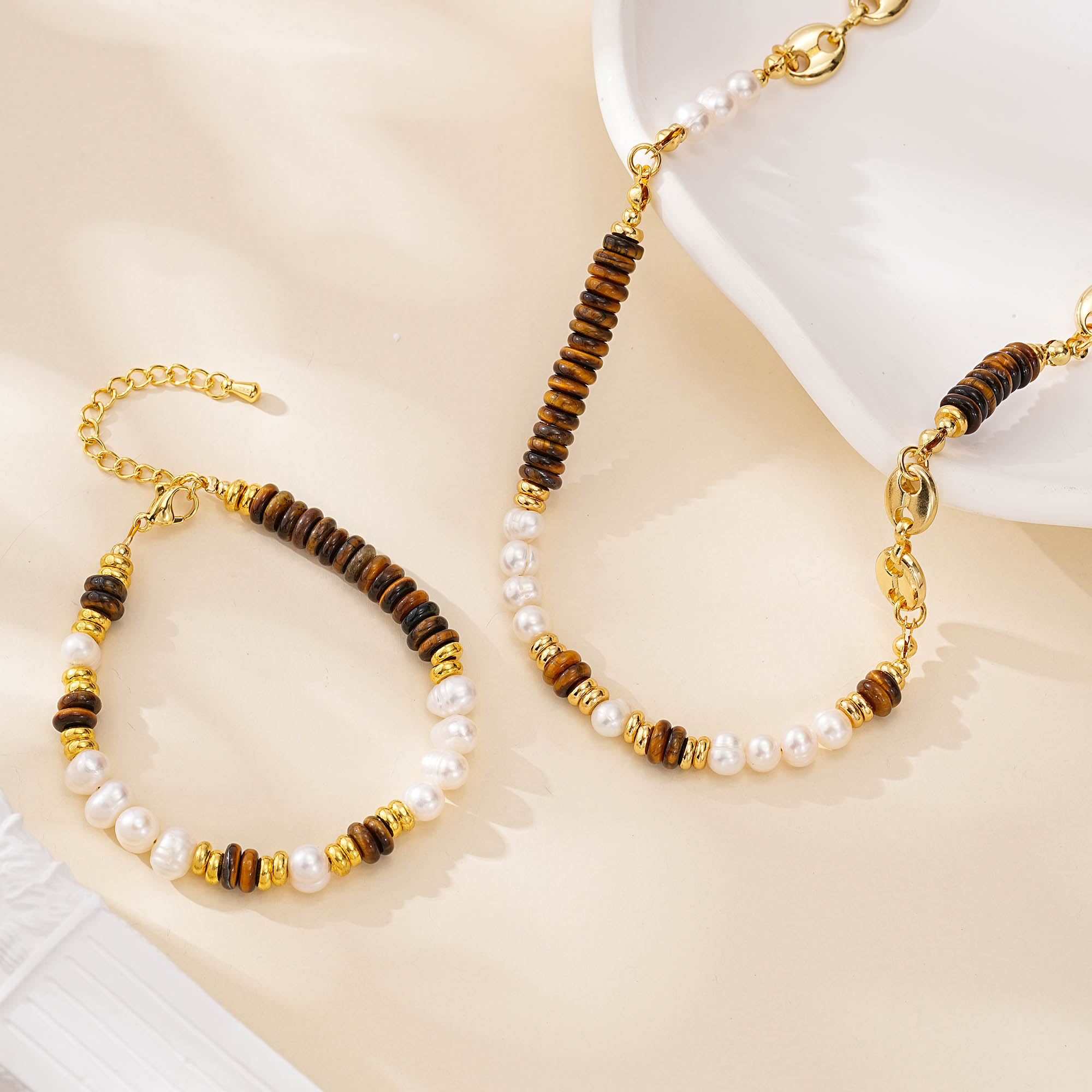 Tiger Eye and Pearl Necklace Bracelet Set