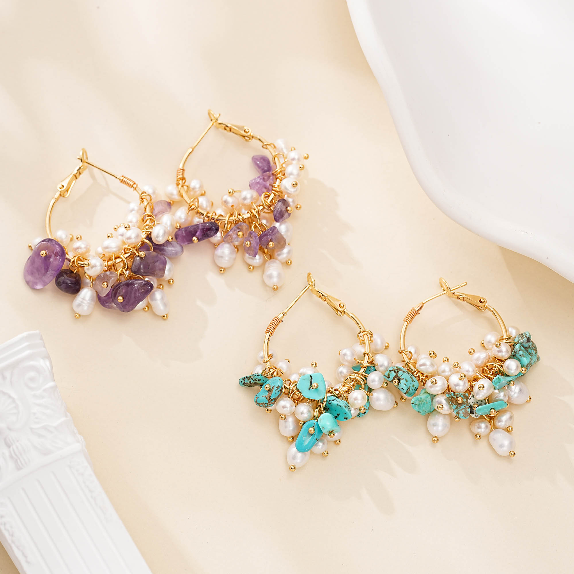 Amethyst or turquoise pearl cluster hoop earrings